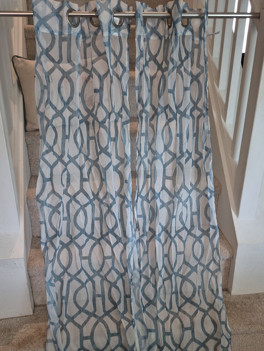 Two Teal Blue Geometric Sheer Window Curtain Panels 27.5" X 64" Grommet